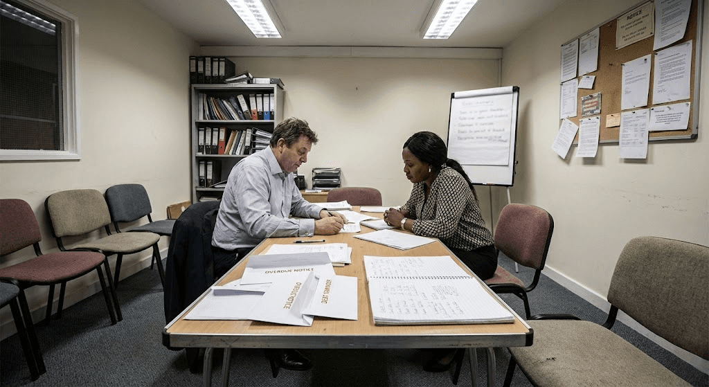 Four workers in black coveralls walk through an industrial facility.