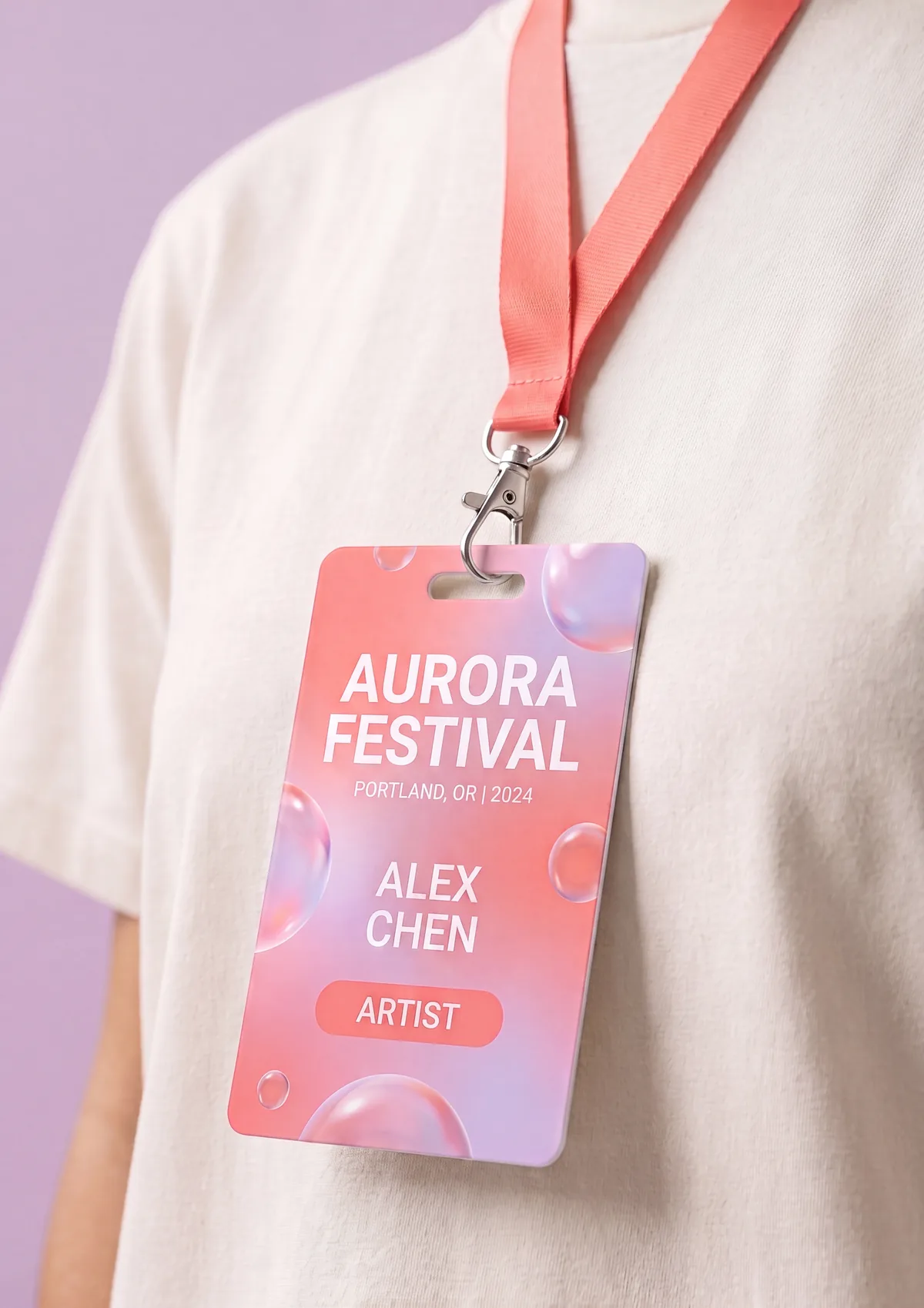 Festival badge with lanyard worn by an attendee