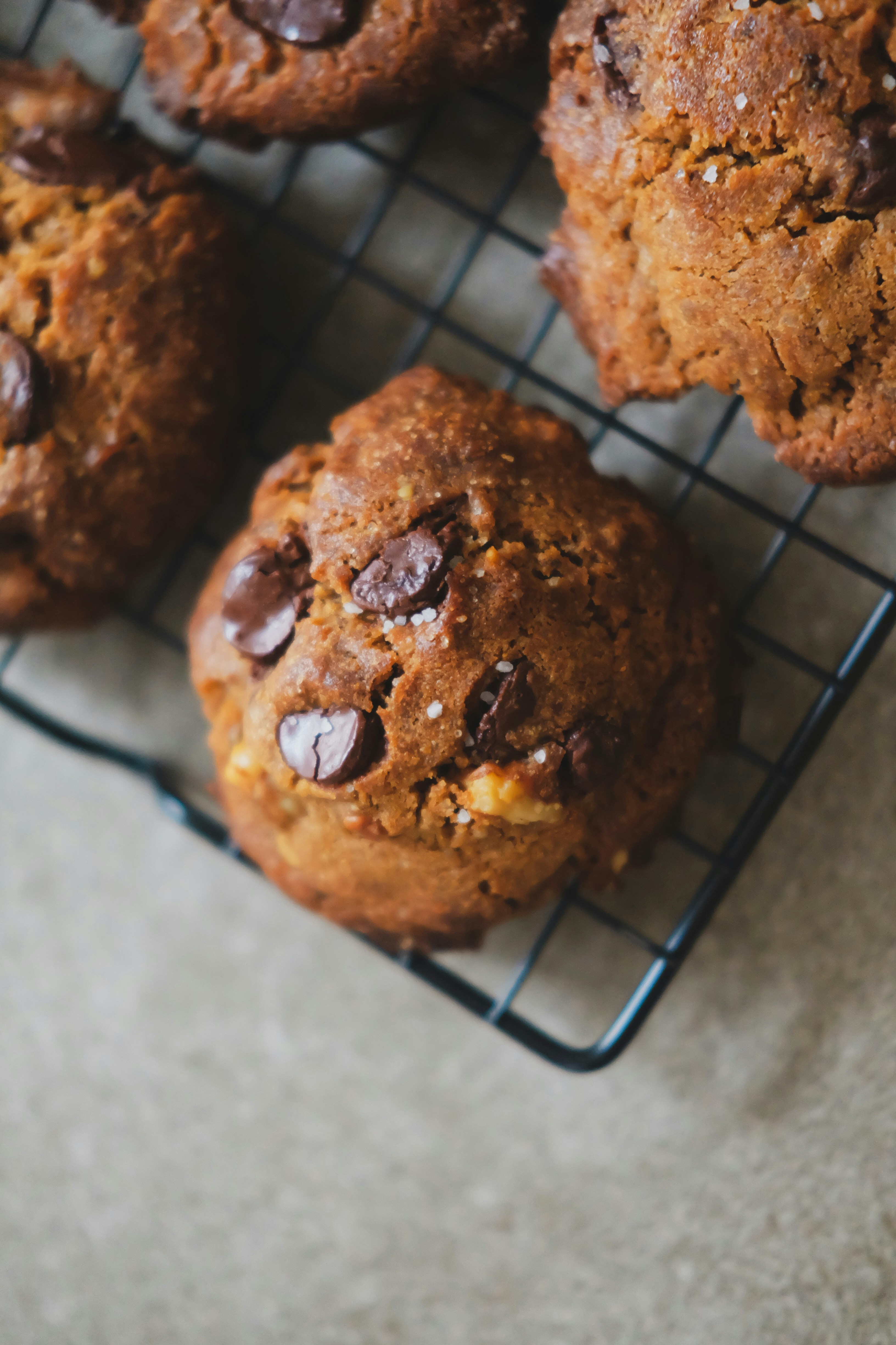 Chocolate chip cookies cooling on a wire rack