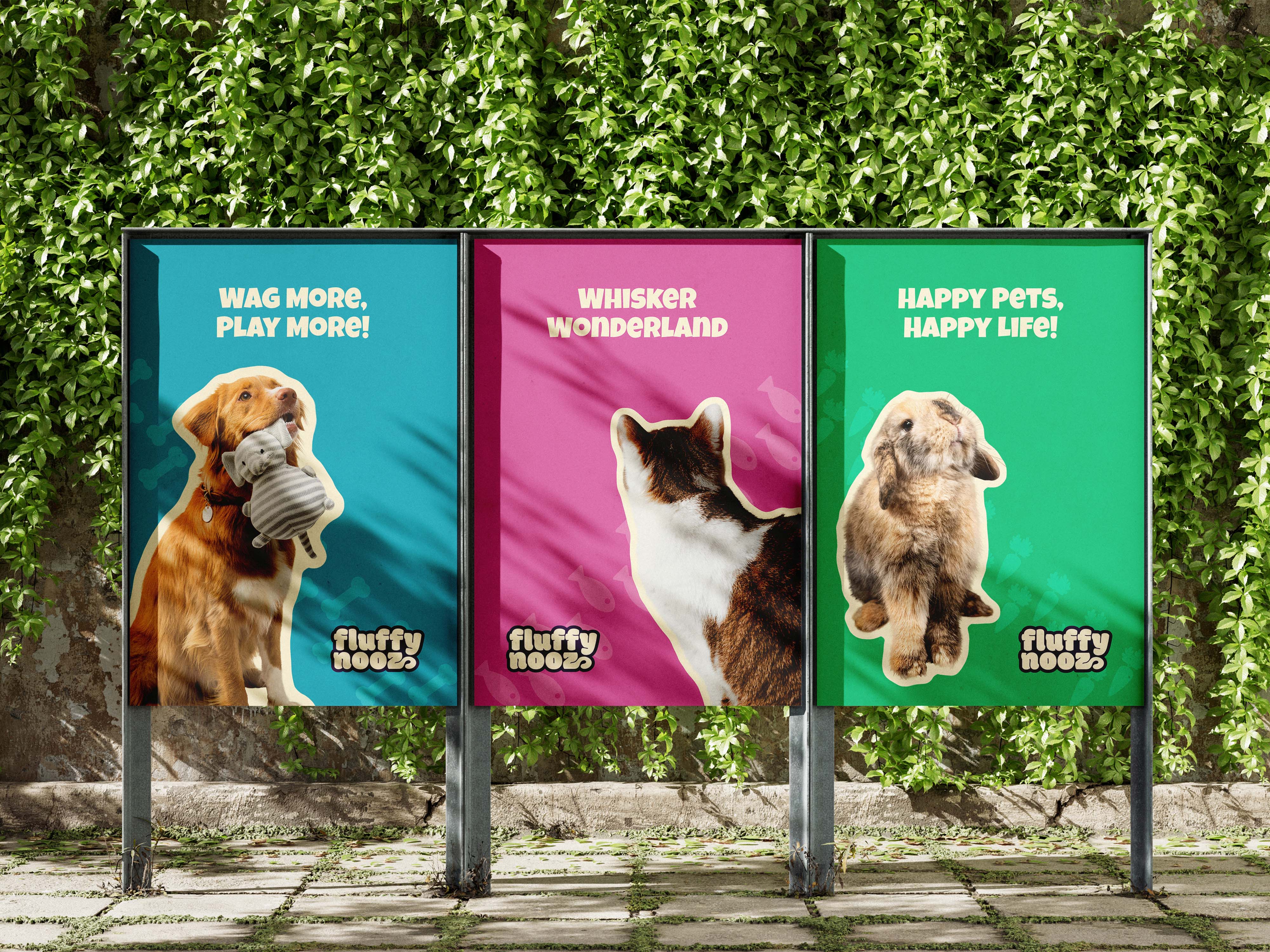 Series of outdoor posters featuring different pets and taglines - Fluffynooz, a pet care brand identity.