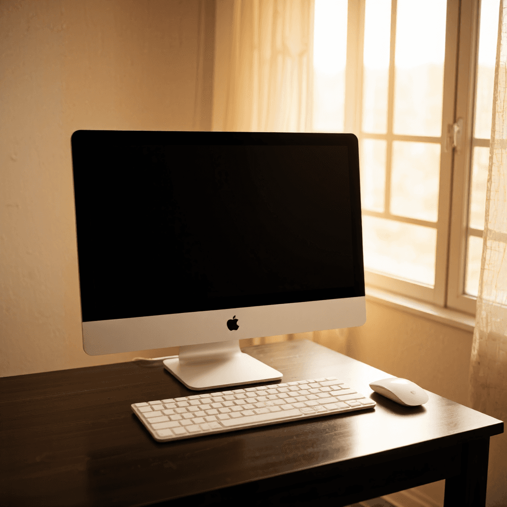 product photography of a desktop computer with a monitor, keyboard, and mouse