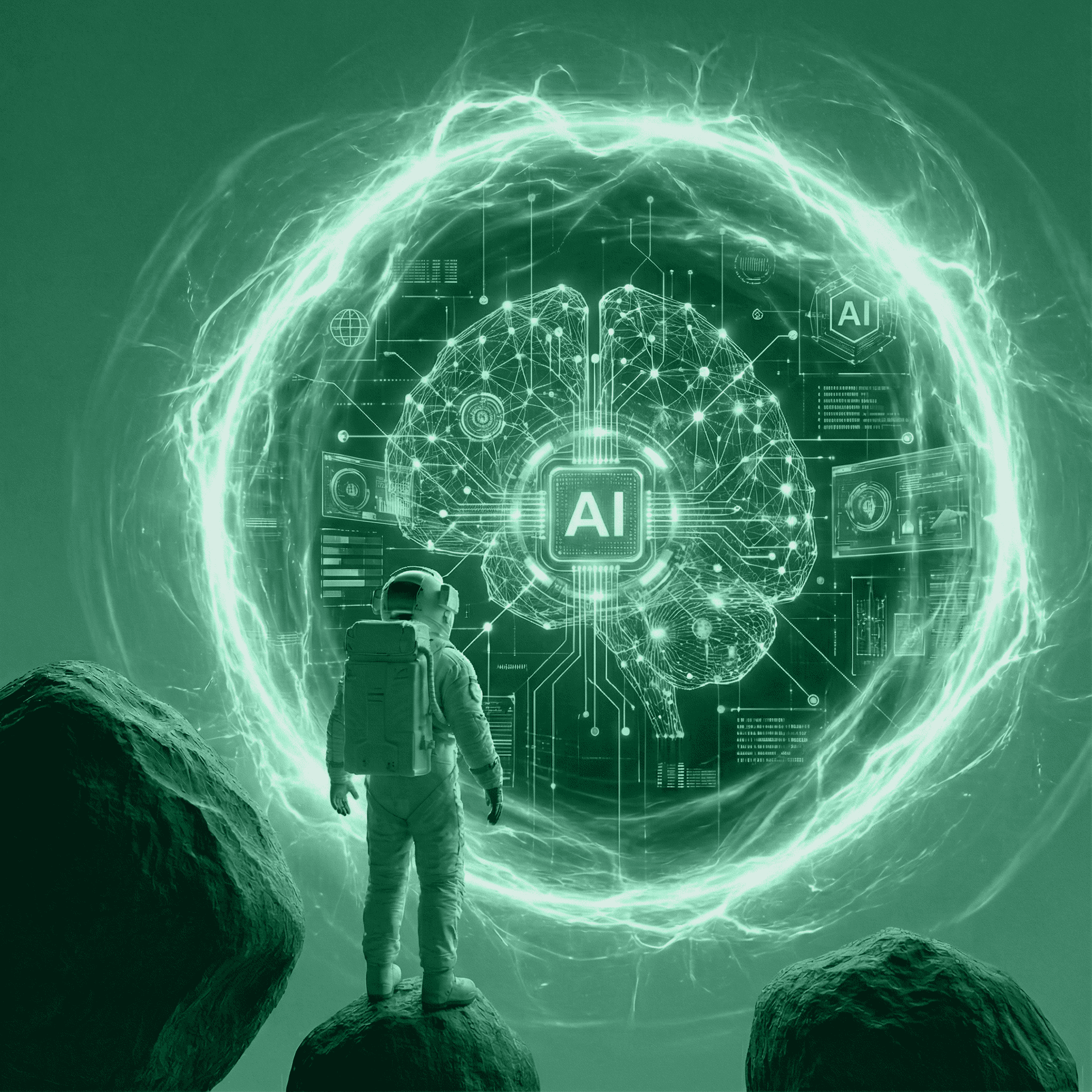 Person standing before a digital AI interface representing business transformation and artificial intelligence opportunities