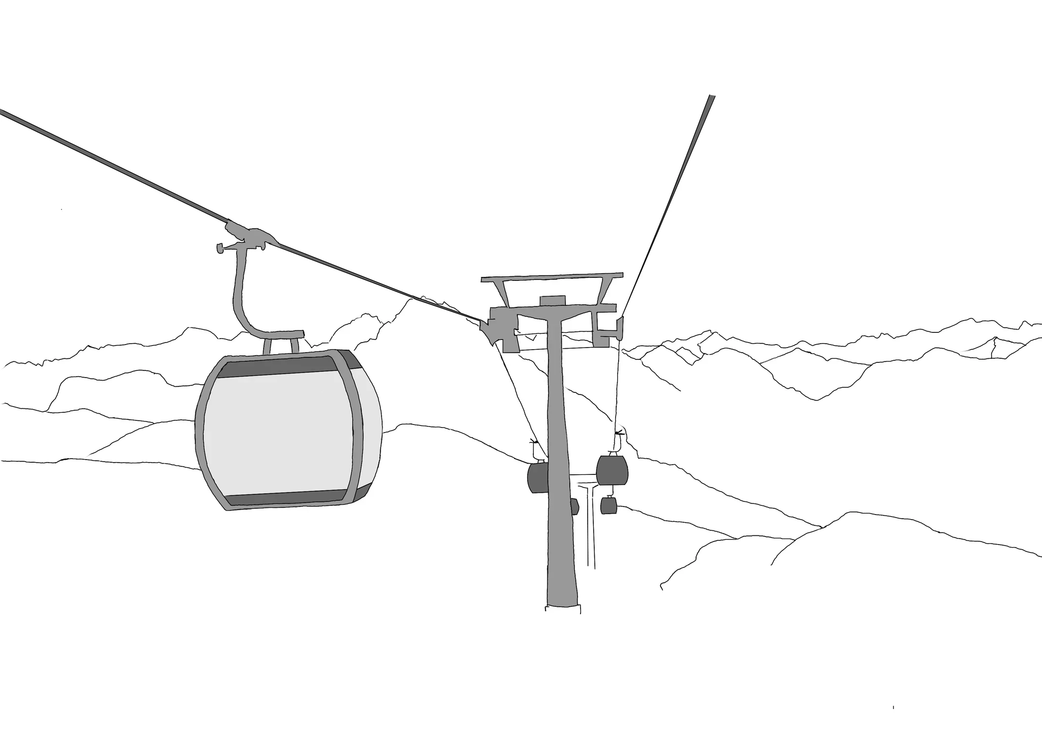 Illustration einer Gondelbahn mit Bergpanorama im Hintergrund