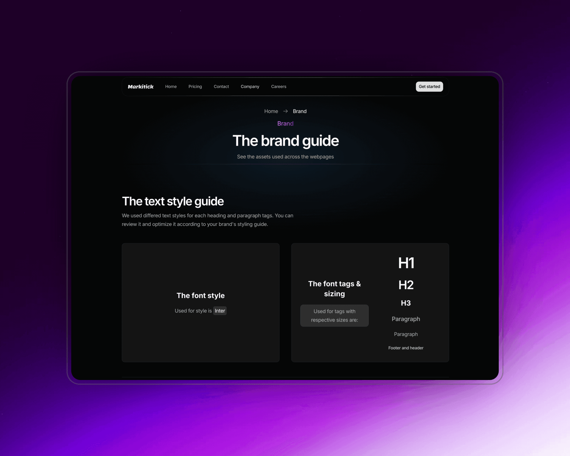 marktick, a framer dark themed website template styleguide mockup