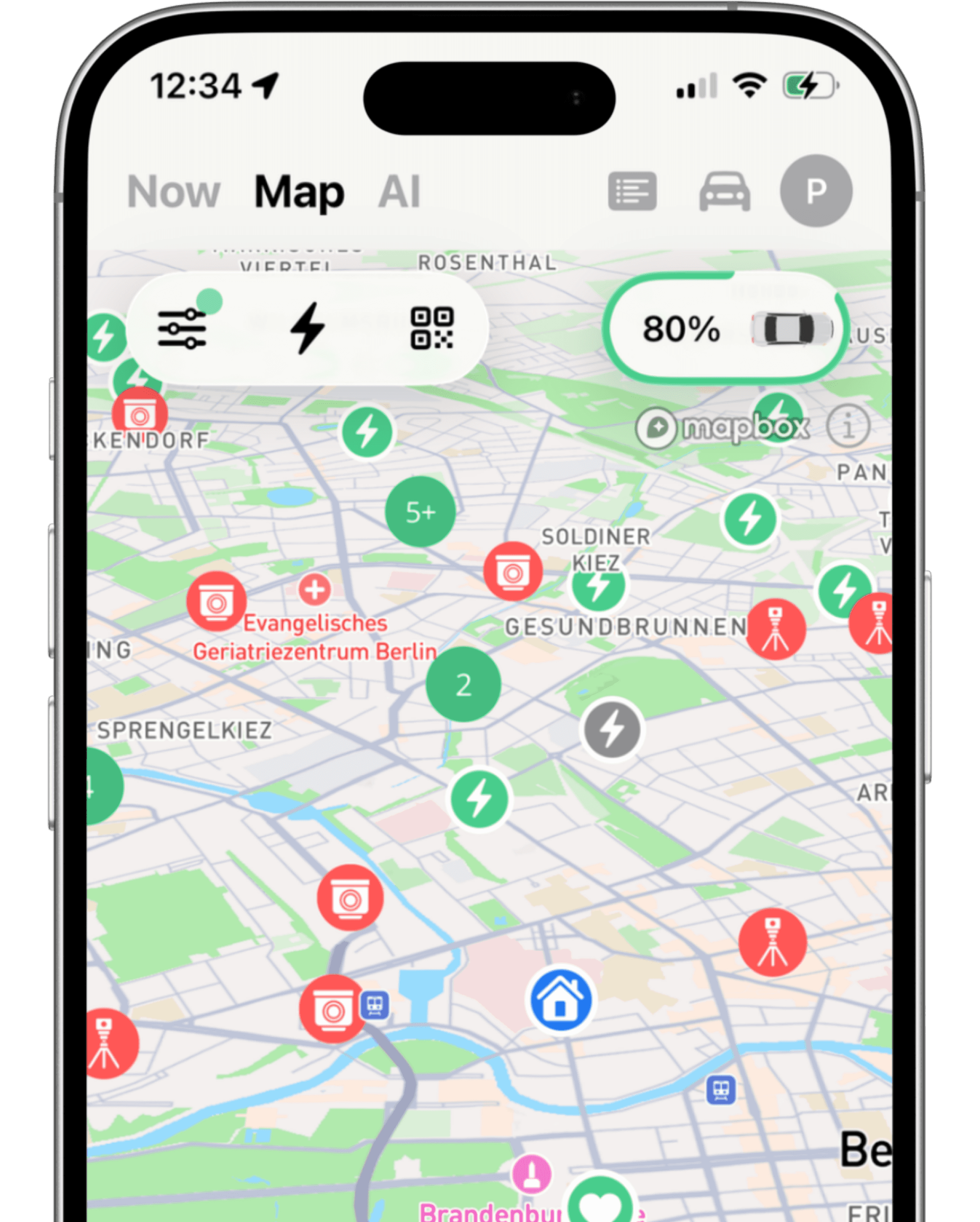 Smartphone screen showing the StromNow EV charging station map in Berlin with live battery status and nearby charger locations.