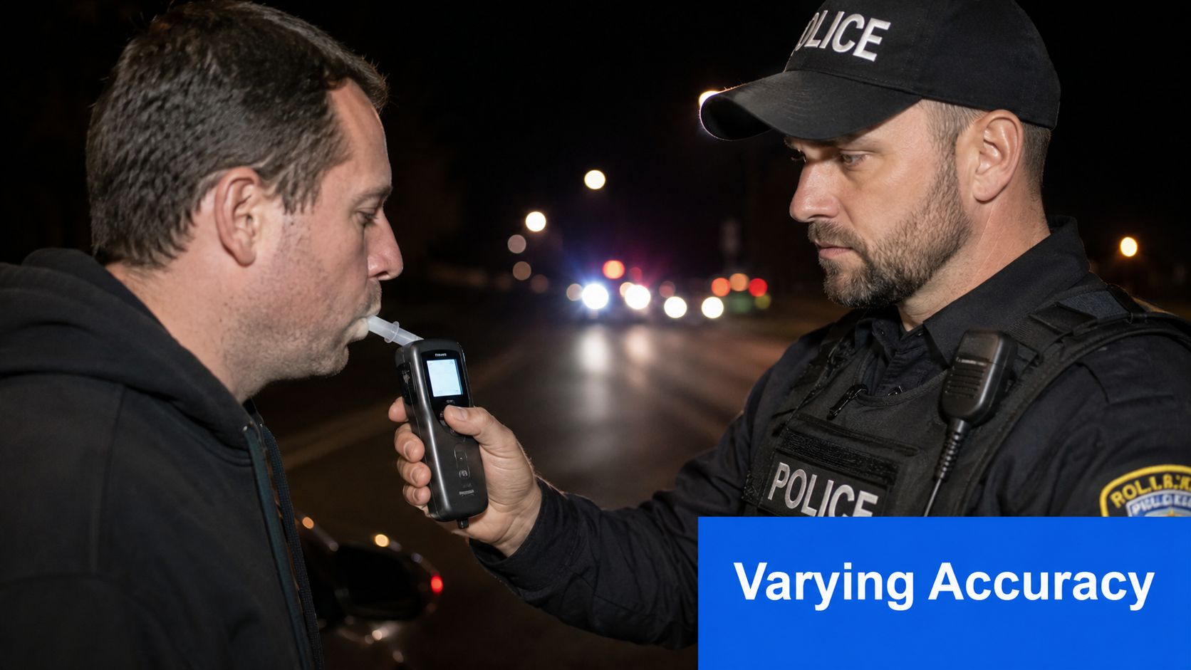 A police officer administers a breathalyzer test to a man on the side of a road at night.