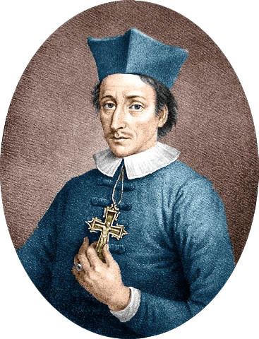 A historical portrait of a man dressed in religious attire, wearing a blue clerical robe with a distinctive matching cap. He holds a large gold cross pendant in his right hand, symbolizing his faith and devotion. His expression is serious and contemplative, with a direct gaze. The white collar and simple background focus attention on his attire and the cross, emphasizing his religious role and spiritual dedication.