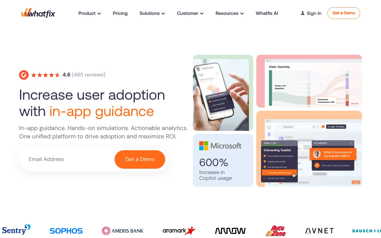 Whatfix homepage, workflow simulation training
