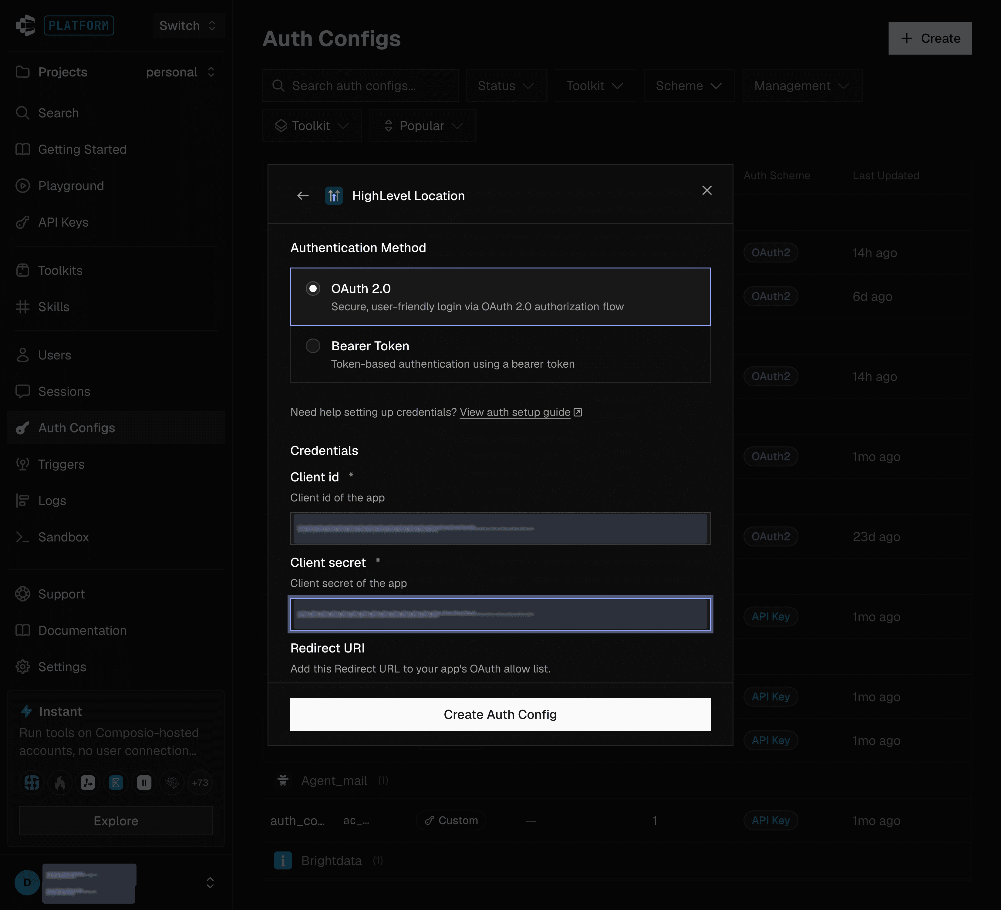 Enter custom OAuth credentials