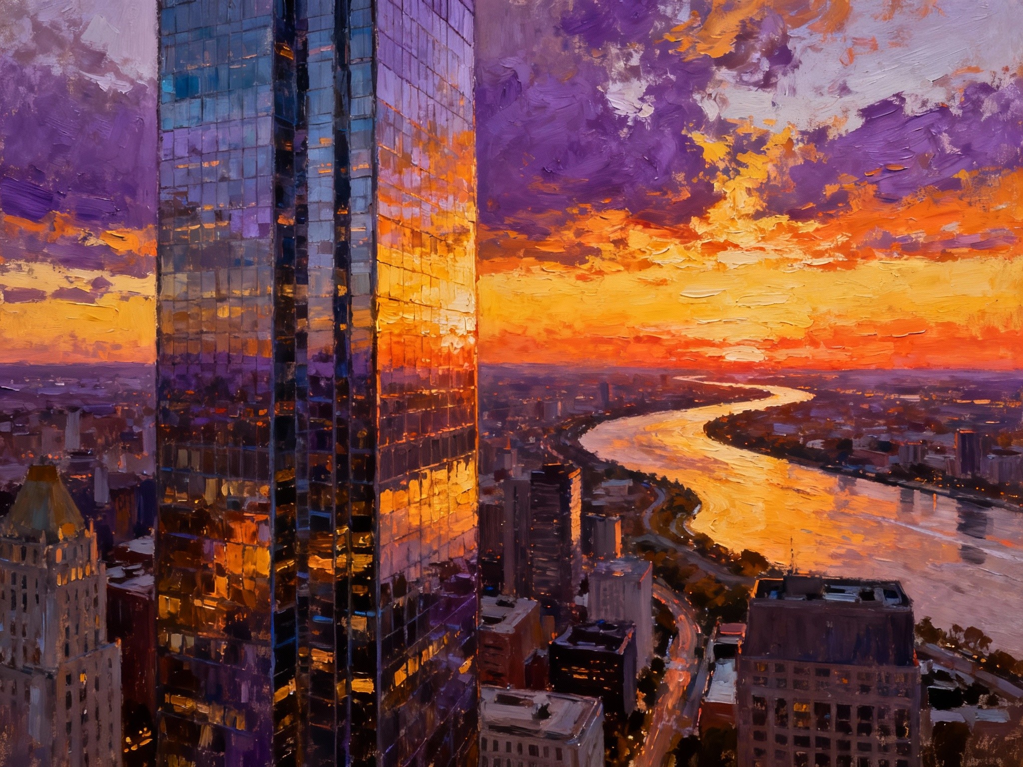 An expansive wide-angle view of a bustling city skyline during sunset hour, bathed in dramatic
