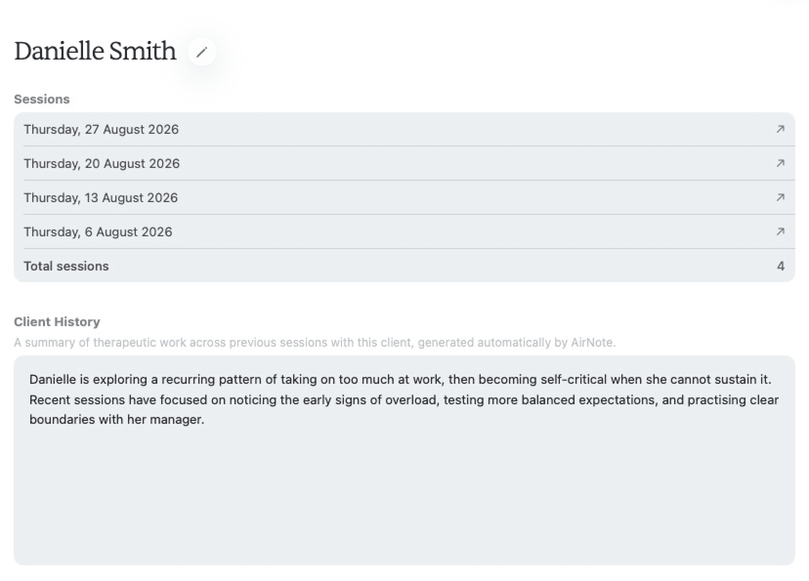 Danielle Smith’s Client Details page, with Sessions and Client History arranged in the main content area.