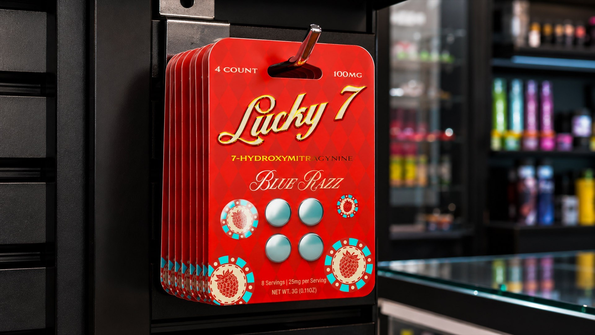 Red Lucky 7 hanging cards with poker chip medallions on a store peg display