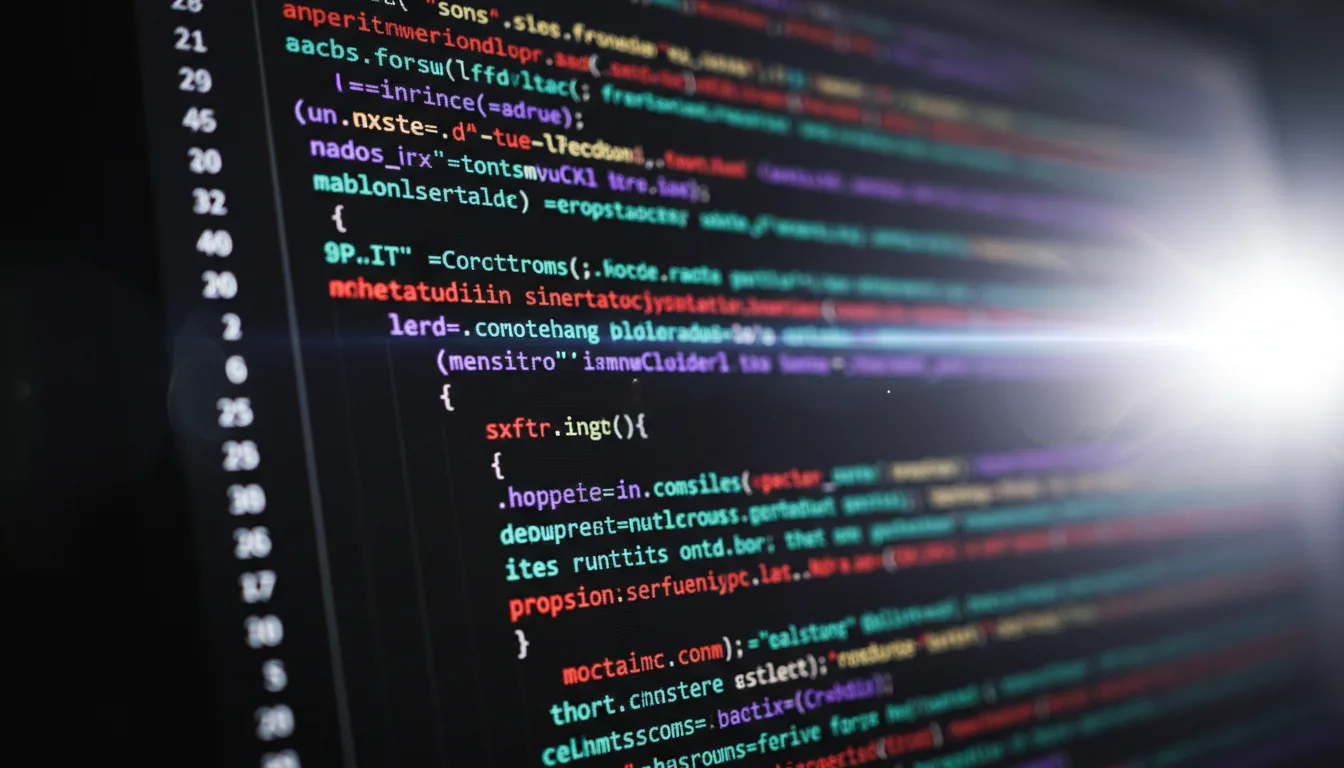 DSLR macro photograph of a computer screen displaying Houdini software code, captured at a dramatic low angle. The code editor is in dark mode, with syntax-highlighted abstracted text lines in vibrant red, teal, and purple on a pure black background. Cinematic contrast and an extremely shallow depth of field create a sharp focus on the center, while the rest of the code dissolves into an intense bokeh blur. A bright light glare flares from the right side, overexposing the screen. The fine texture of the LCD pixel grid is visible throughout.