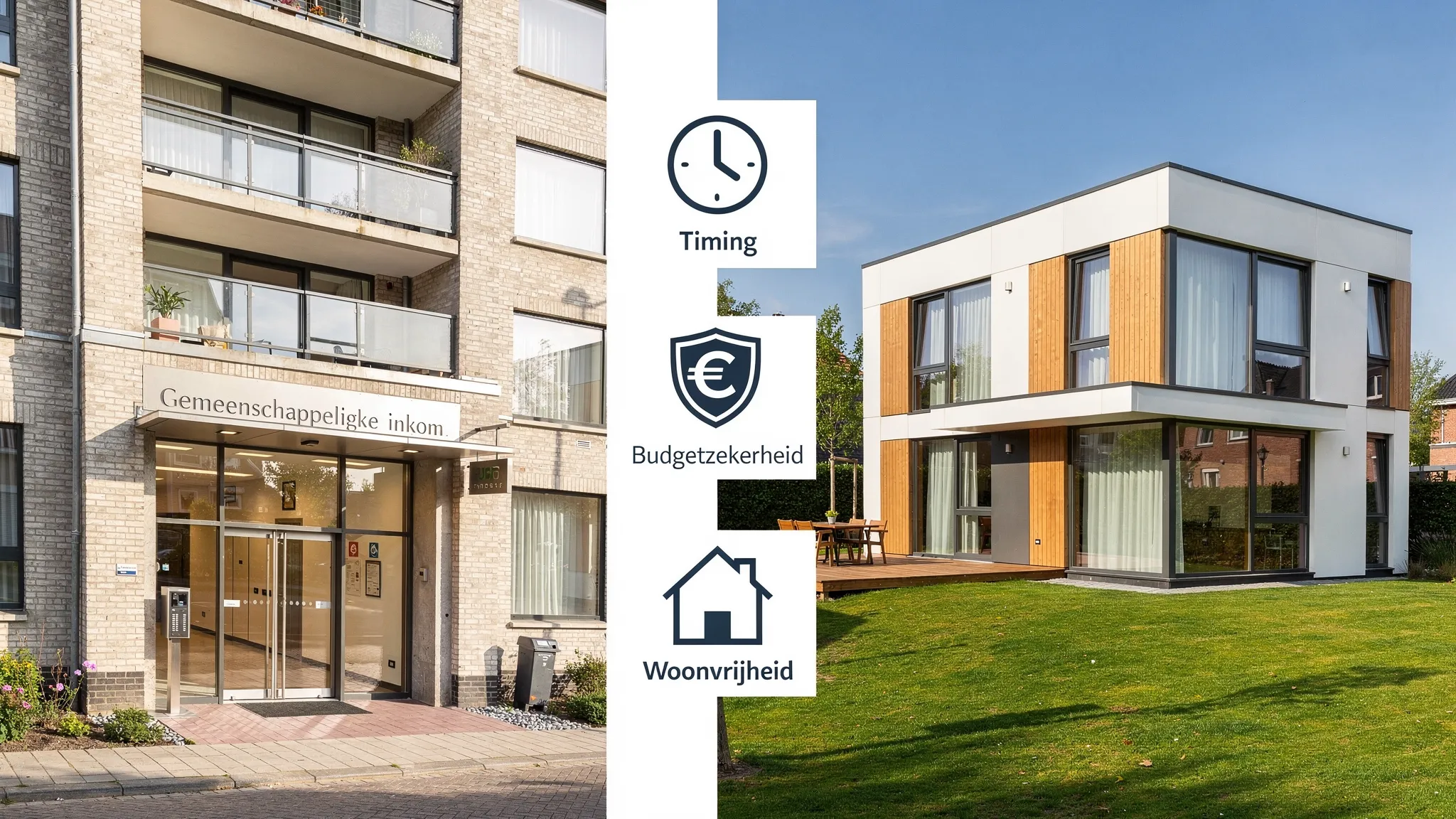 Split-screen vergelijking: links een modern nieuwbouwappartementsgebouw met gemeenschappelijke inkom en lift, rechts een moderne modulaire woning op een perceel, met iconen voor timing, budgetzekerheid en woonvrijheid.
