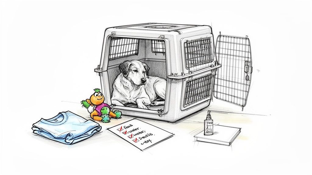 A dog resting inside a travel crate, with a checklist, toy, and shirt nearby.
