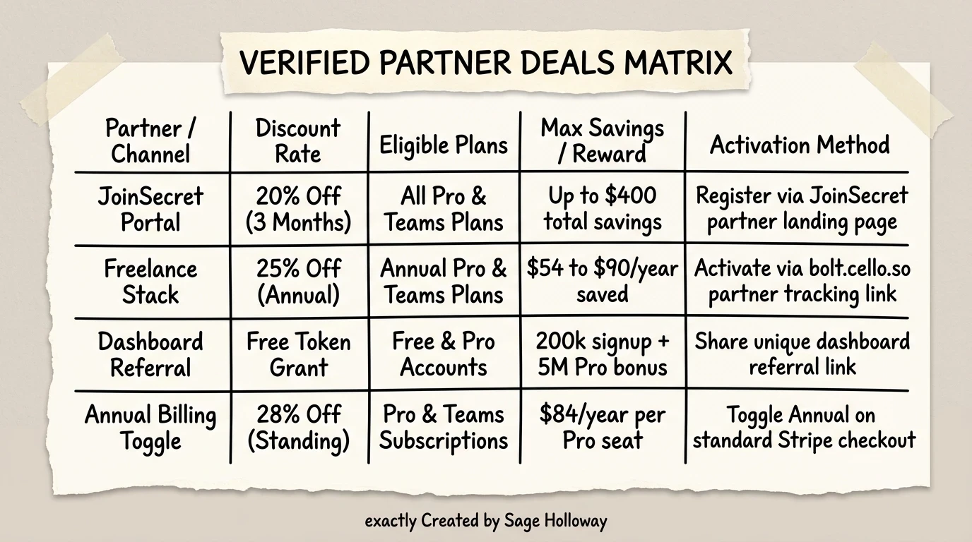 Comparison table of verified Bolt.new partner discount deals including JoinSecret Freelance Stack and Referral bonuses