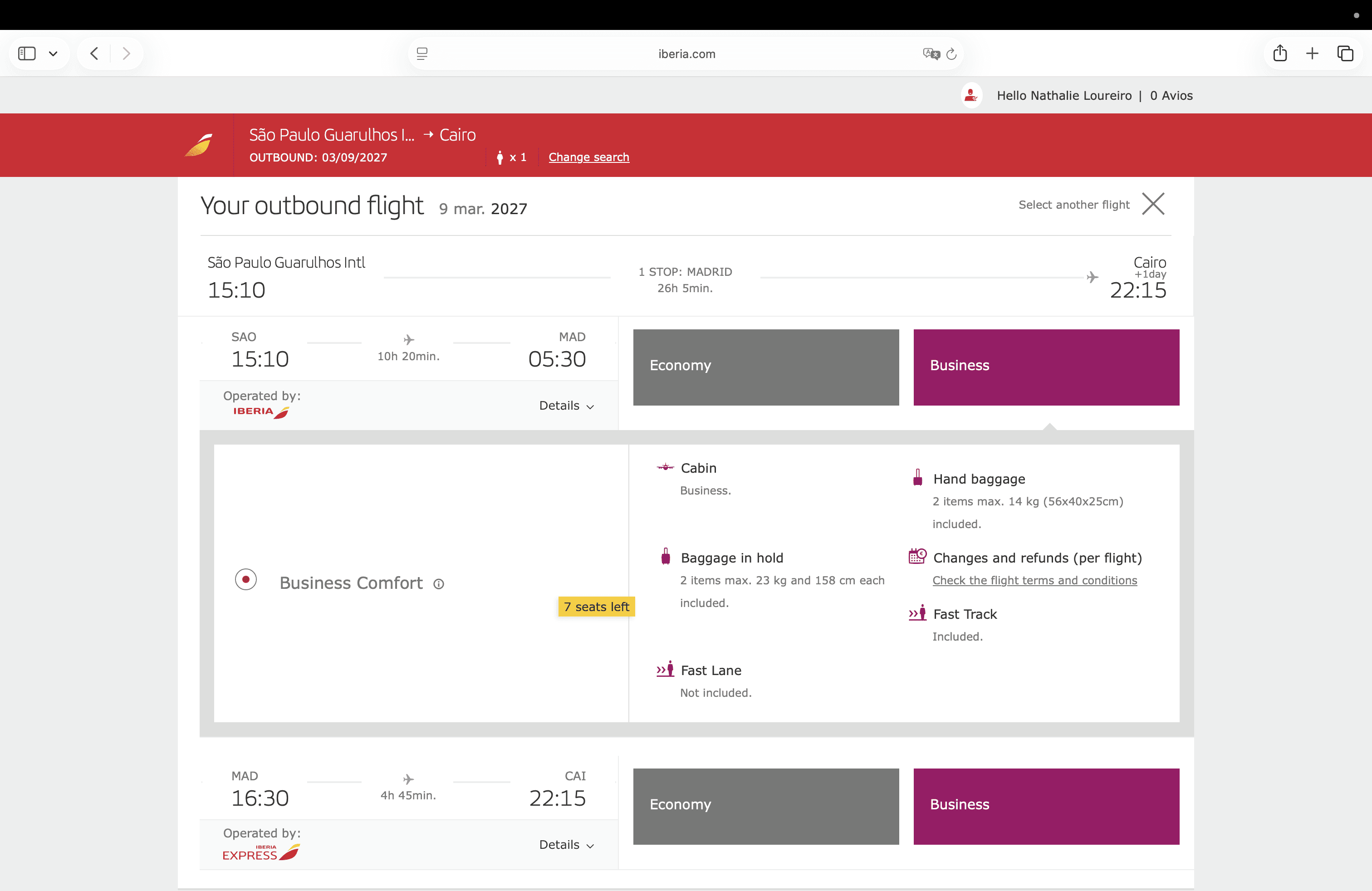 Passagem São Paulo–Madri–Cairo com Business selecionada nos dois trechos