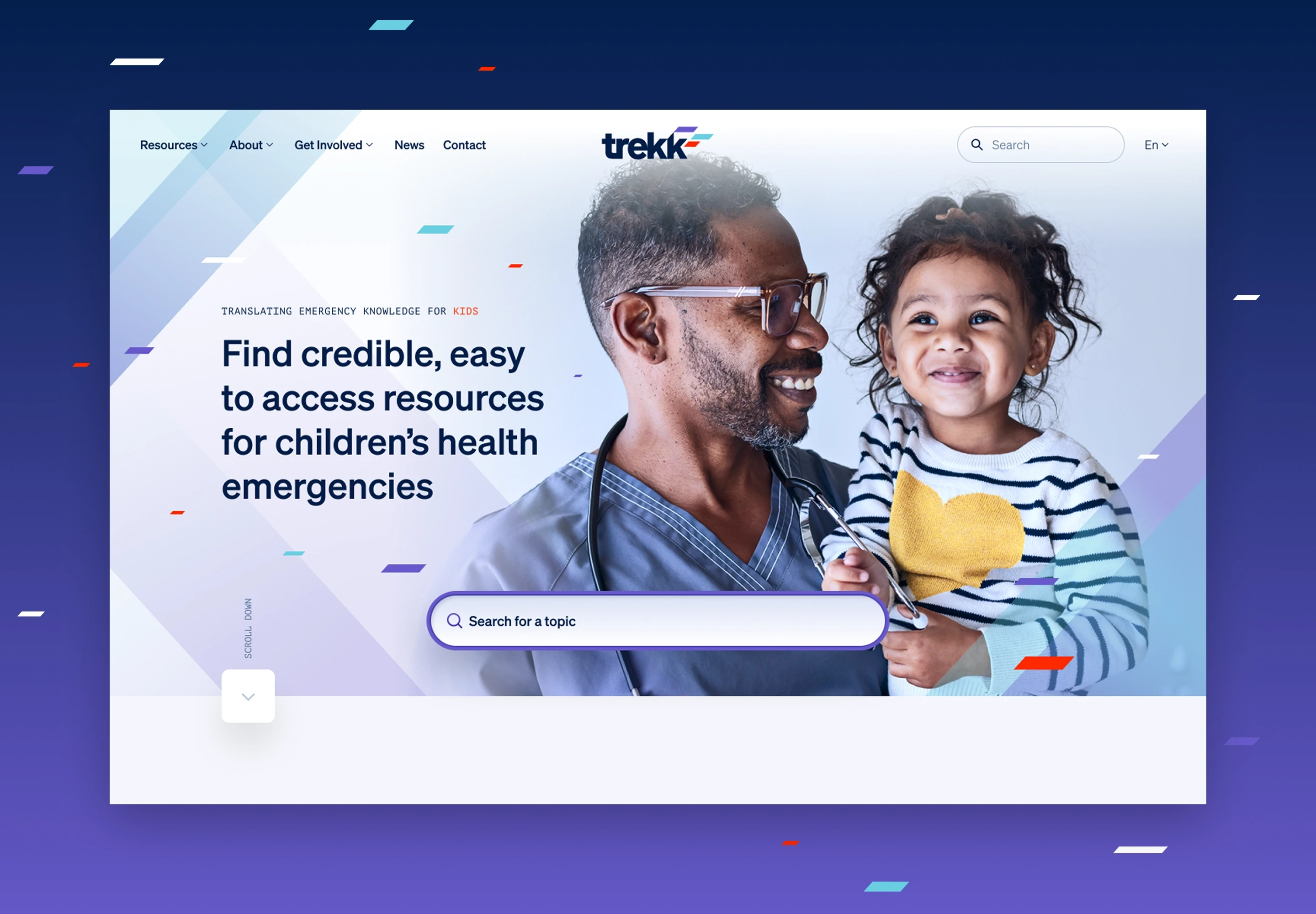 Alt text: TrekK website homepage shows a smiling doctor holding his daughter beside a headline about children’s health emergency resources.