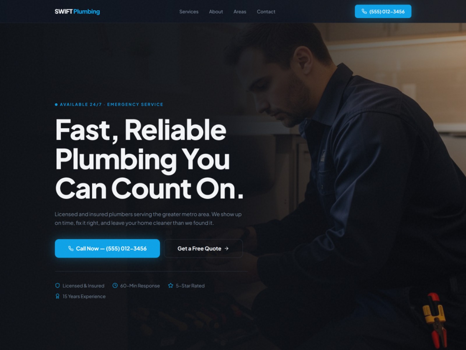 Plumber Website Prompt preview — hero section with dark charcoal background, "Fast, Reliable Plumbing You Can Count On." headline, electric blue CTA button, and plumber at work in background