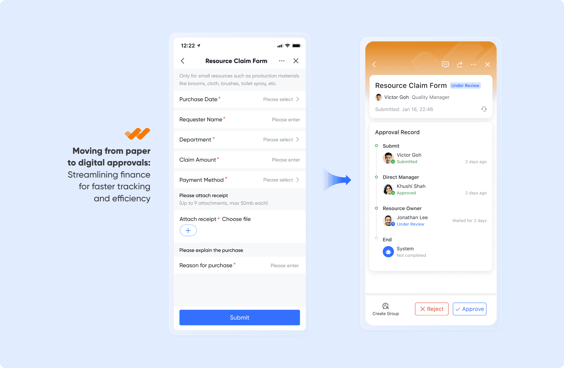 Digitized finance claims with Lark Approvals