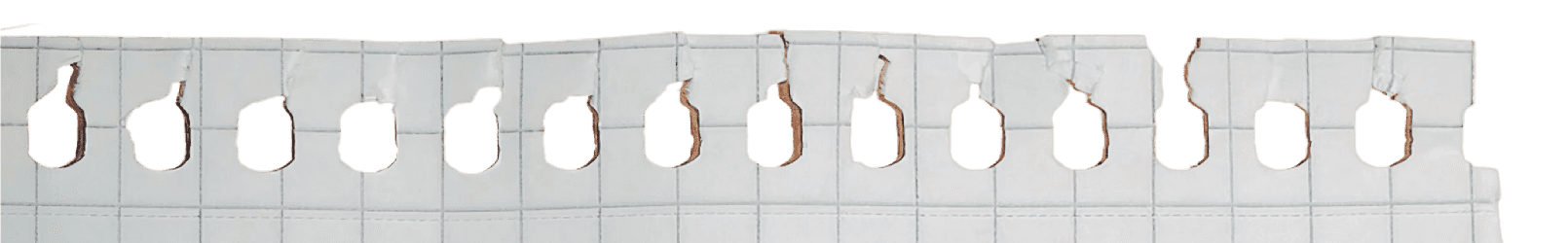 A close-up image of the torn edge of graph paper, featuring a row of ragged holes from where the page was ripped out of a notebook, displaying a grid pattern on the paper surface.