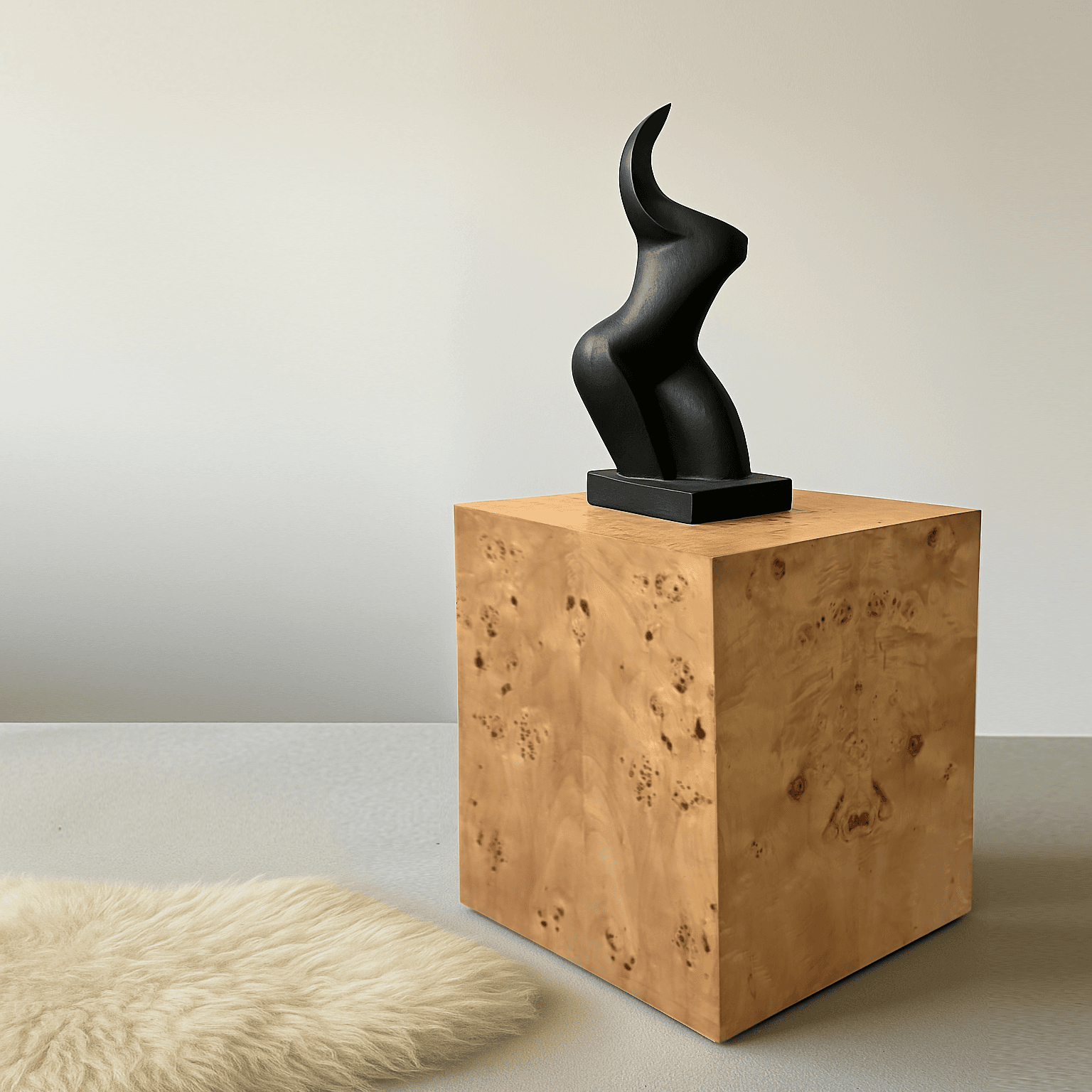 Contemporary side table crafted from richly figured burl wood, featuring a monolithic cubic form that highlights the material's unique grain, natural burls, and warm honey tones, displayed with a minimalist black sculpture in a clean editorial setting.