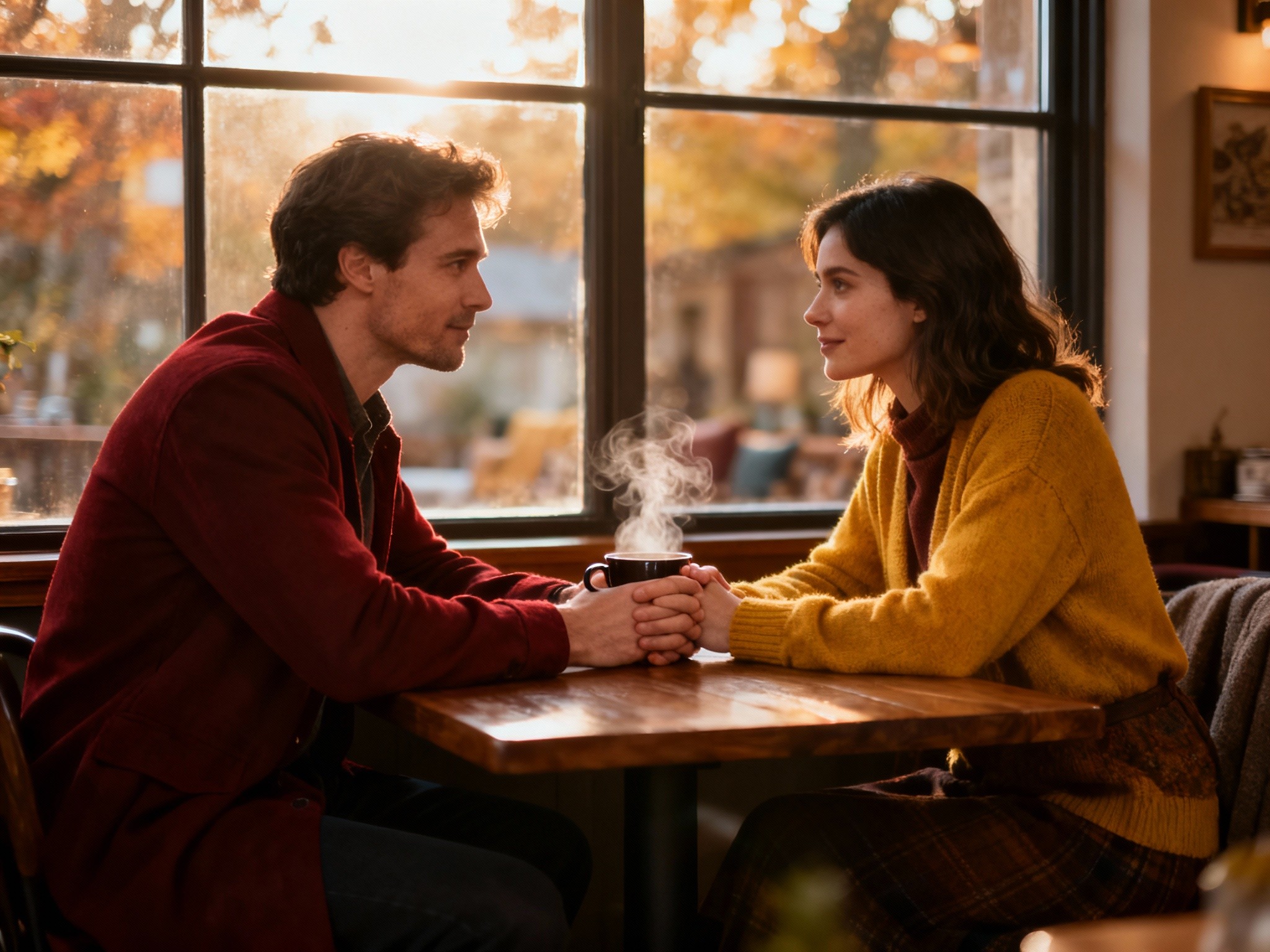 A serene indoor scene in a warmly lit coffee shop during late afternoon, framed in a wide landscape