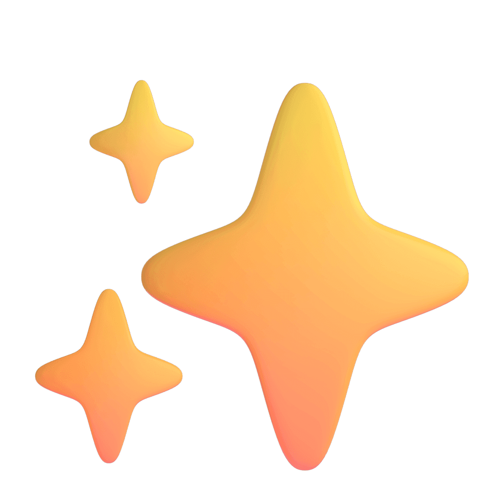 Three sparkling star shapes in gradient shades of gold and orange on a soft gray background.