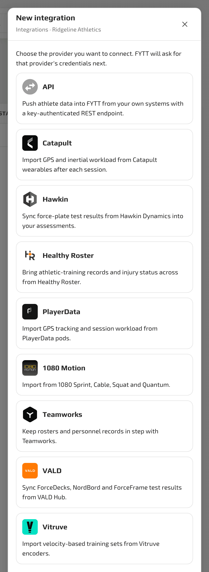 Choosing a provider in the integrations hub, including Hawkin, 1080 Motion, and VALD