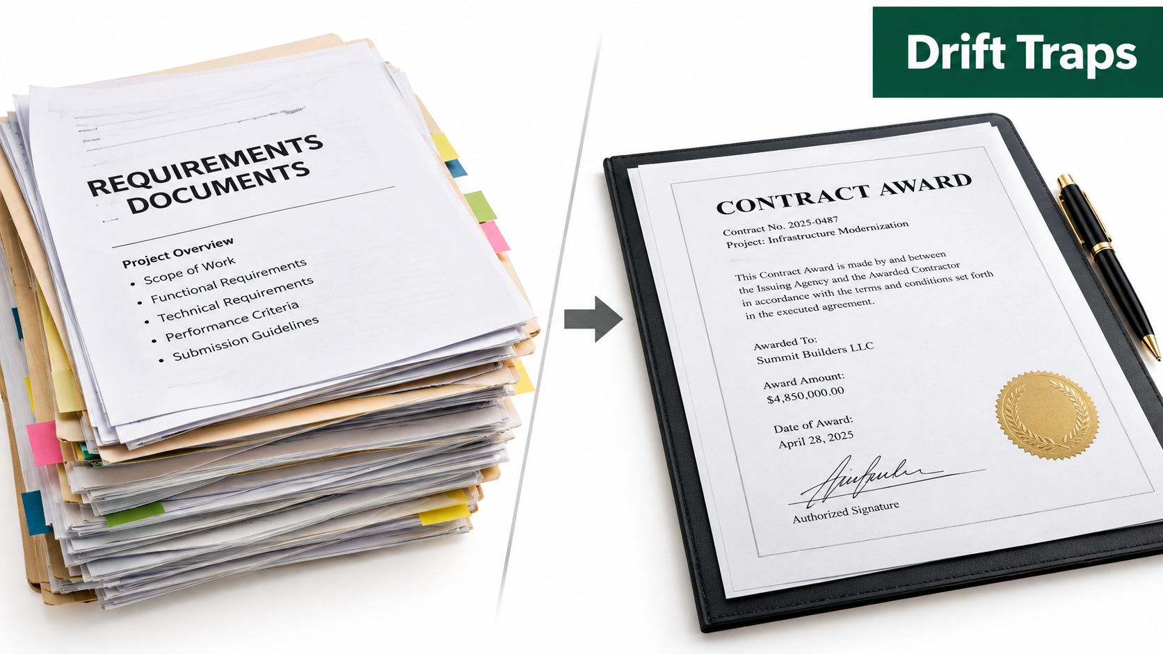 A thick stack of requirements documents transitioning into a formal signed contract award on a clipboard.