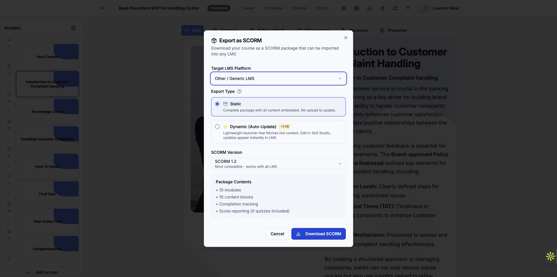 Click the platform dropdown to choose your target learning management system.