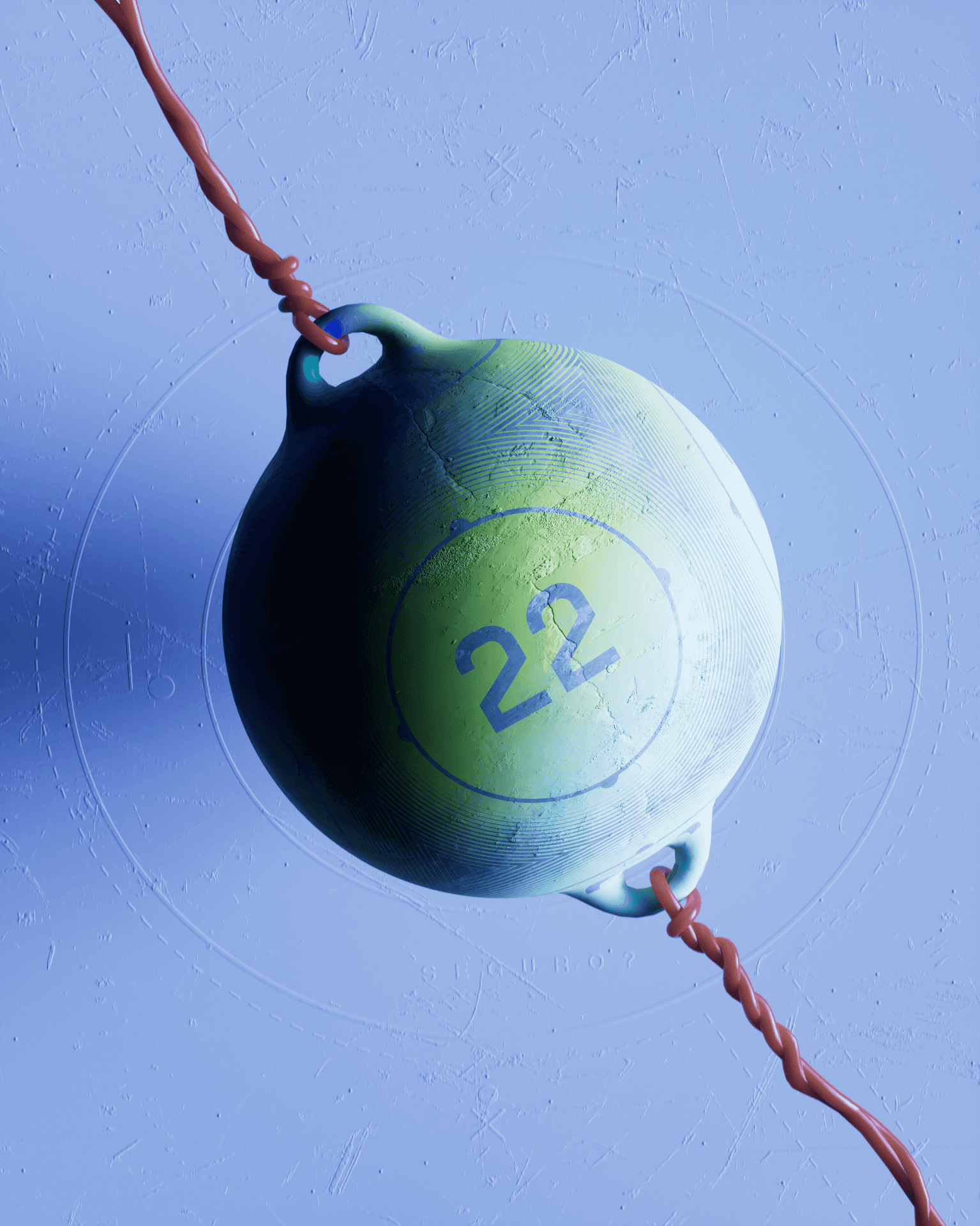 3D rendered green and teal nautical buoy marked with the number 22 suspended on a rope against a periwinkle blue textured background