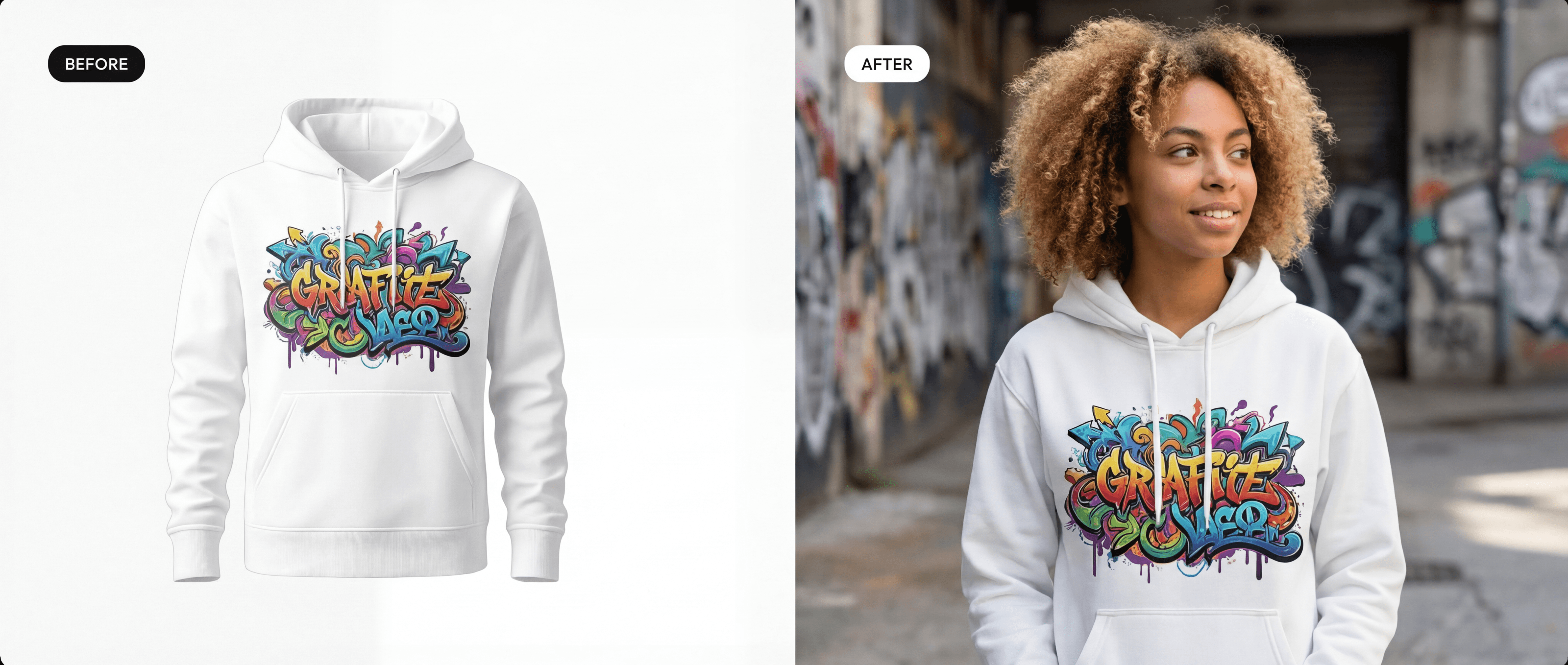 Before and after: white graffiti hoodie transformed into a street-style photoshoot on a model