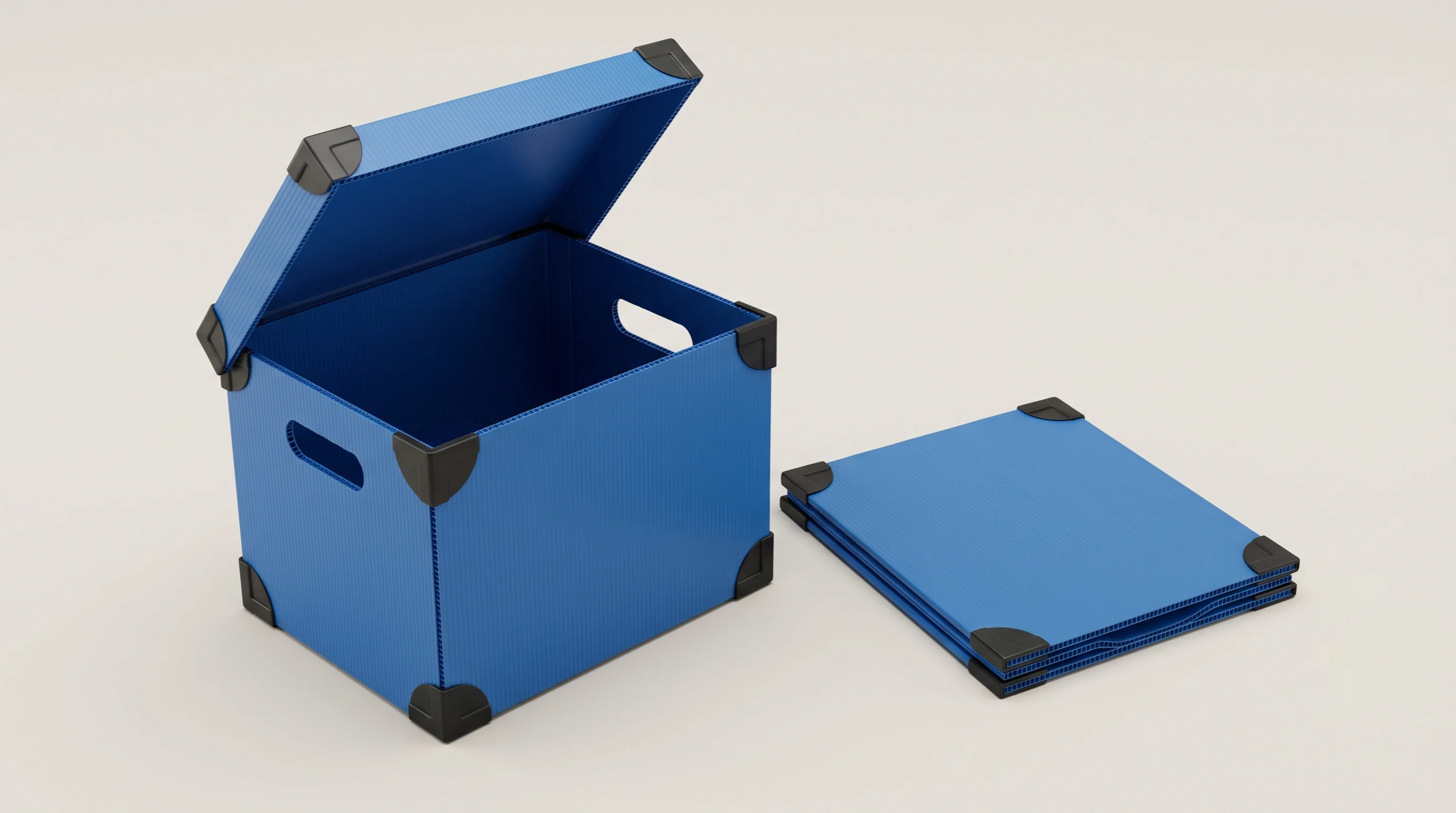 Blue PP corrugated box with corner caps and handles beside a collapsed flat box