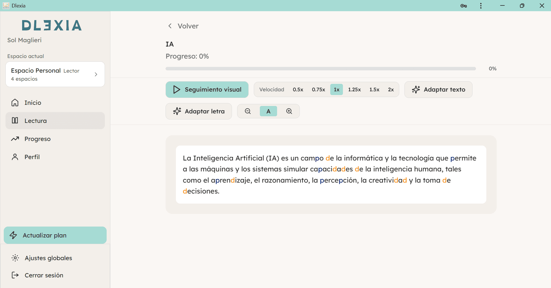Interfaz de la aplicación DLEXIA