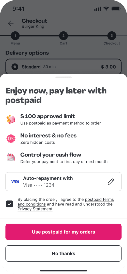 Postpaid onboarding sheet explaining the spending limit and fees