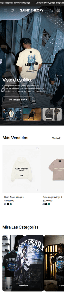 Sección inicial Página Web/Tienda en linea de Saint Theory Desarrollada por DigitDeck