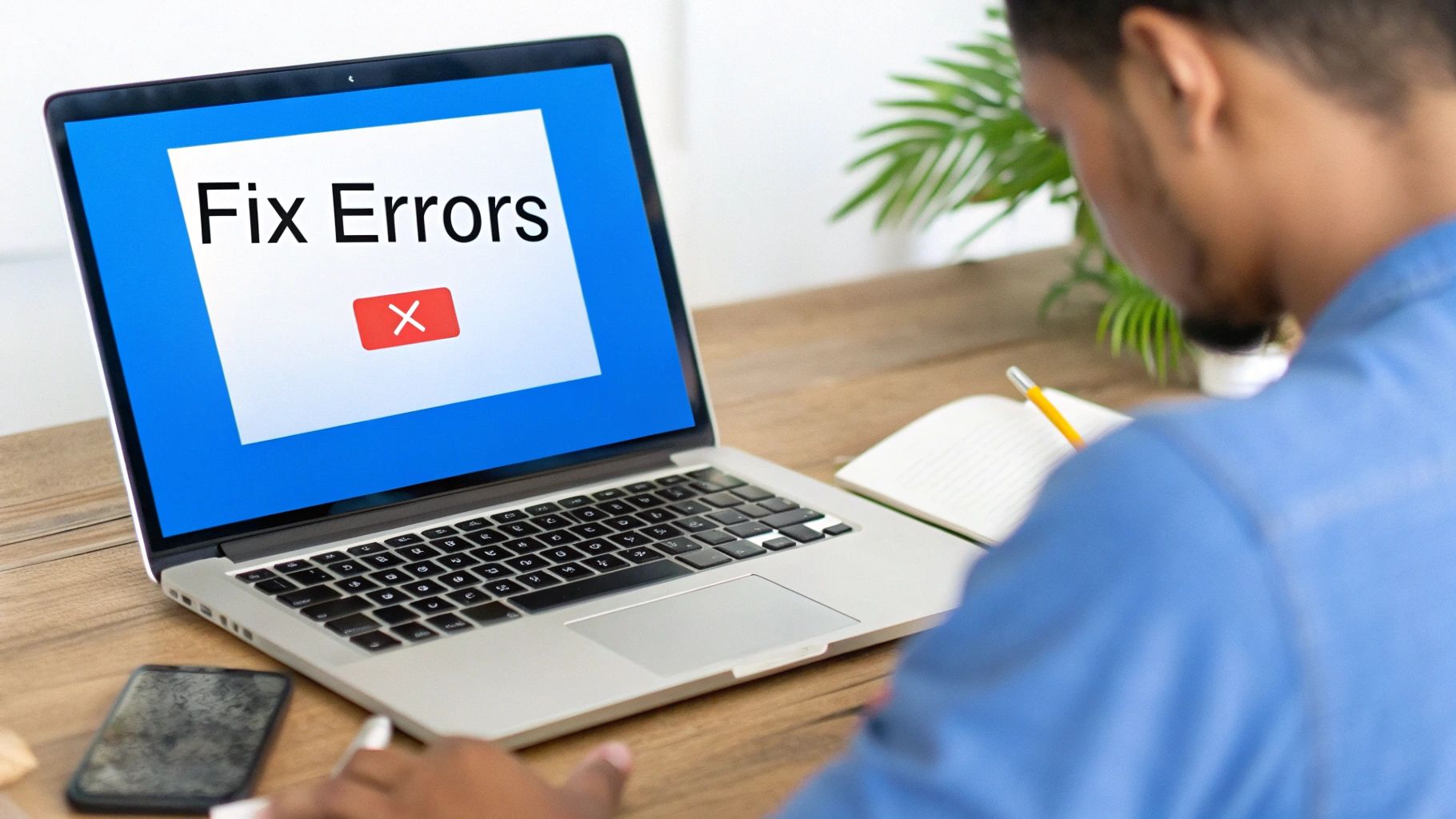 A person smiling at their laptop, indicating success in creating video content from audio.