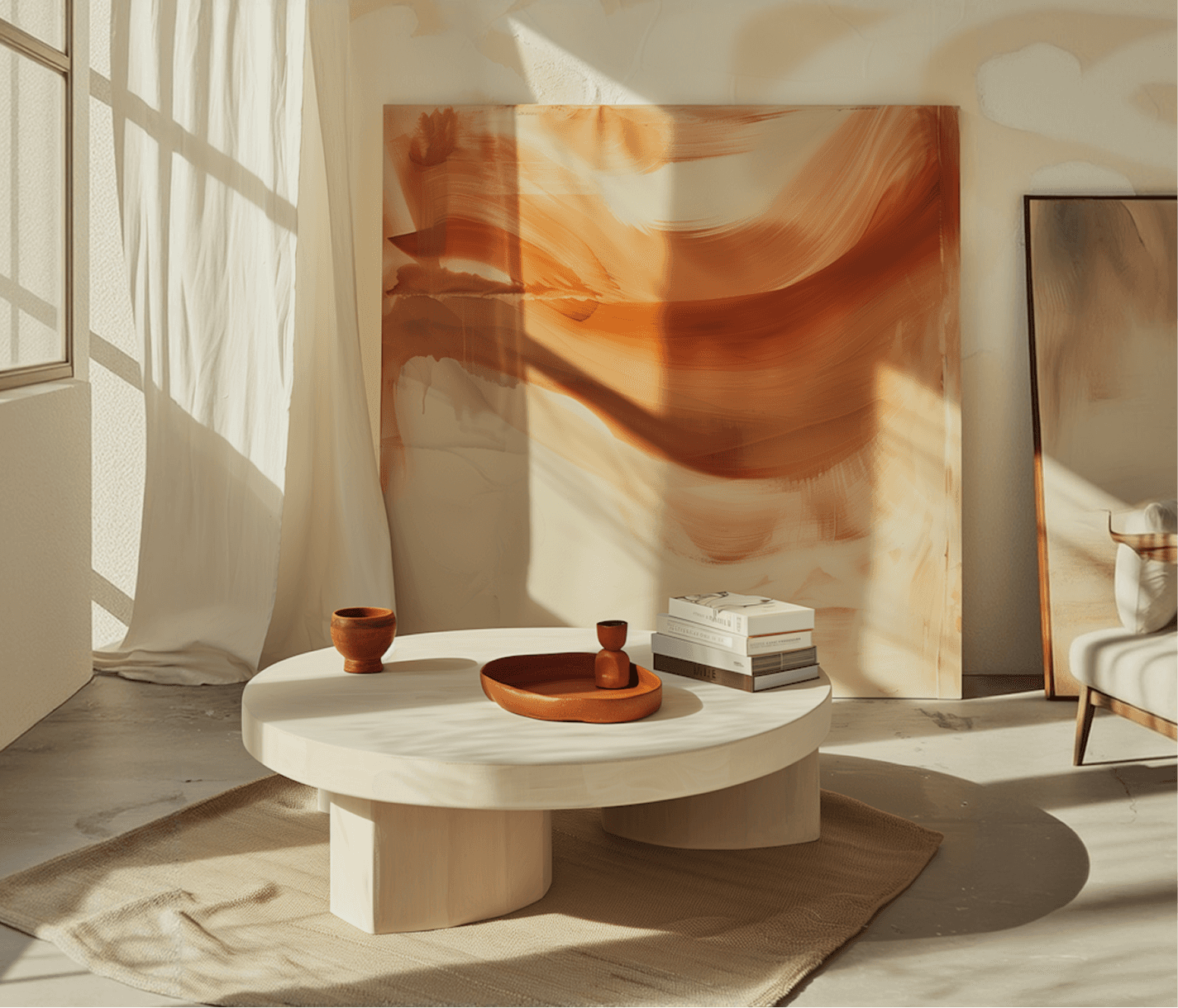 Minimalist dining area with round white table, curved bench seating, sculptural pendant light, and warm sunlight creating geometric shadows on walls