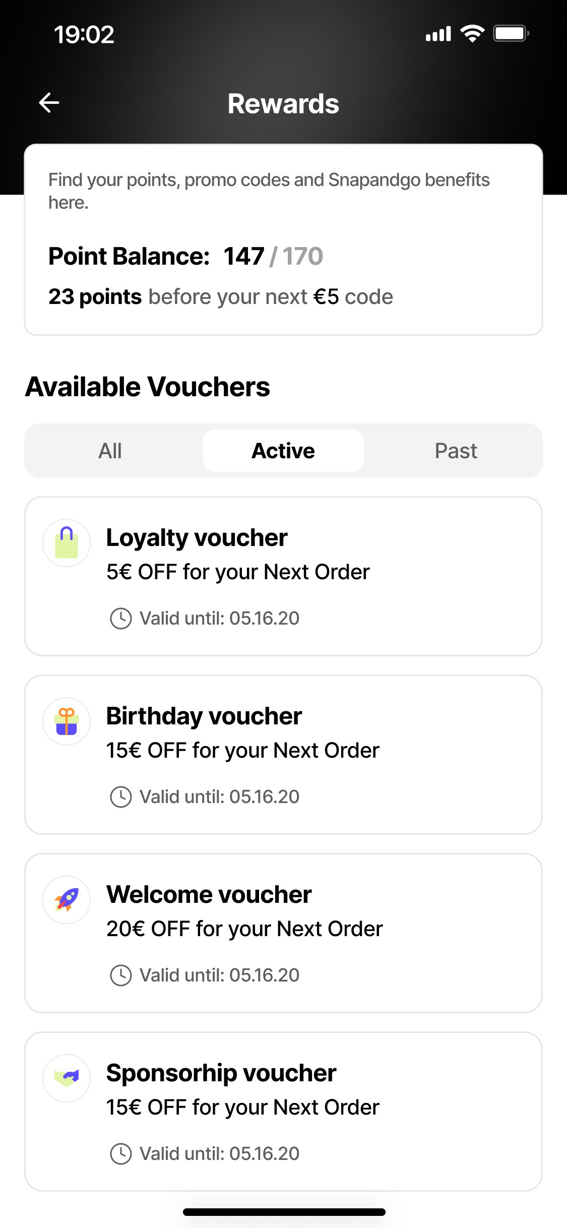 Écran des récompenses de Snap&Go
