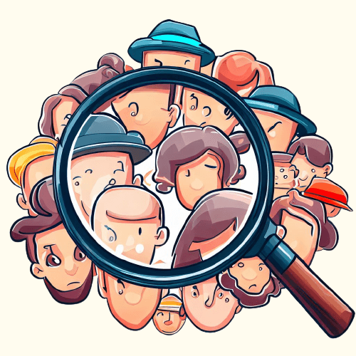 cartoon-style detective magnifying glass hovering over a diverse group of people's faces, symbolizing the process of face detection and recognition