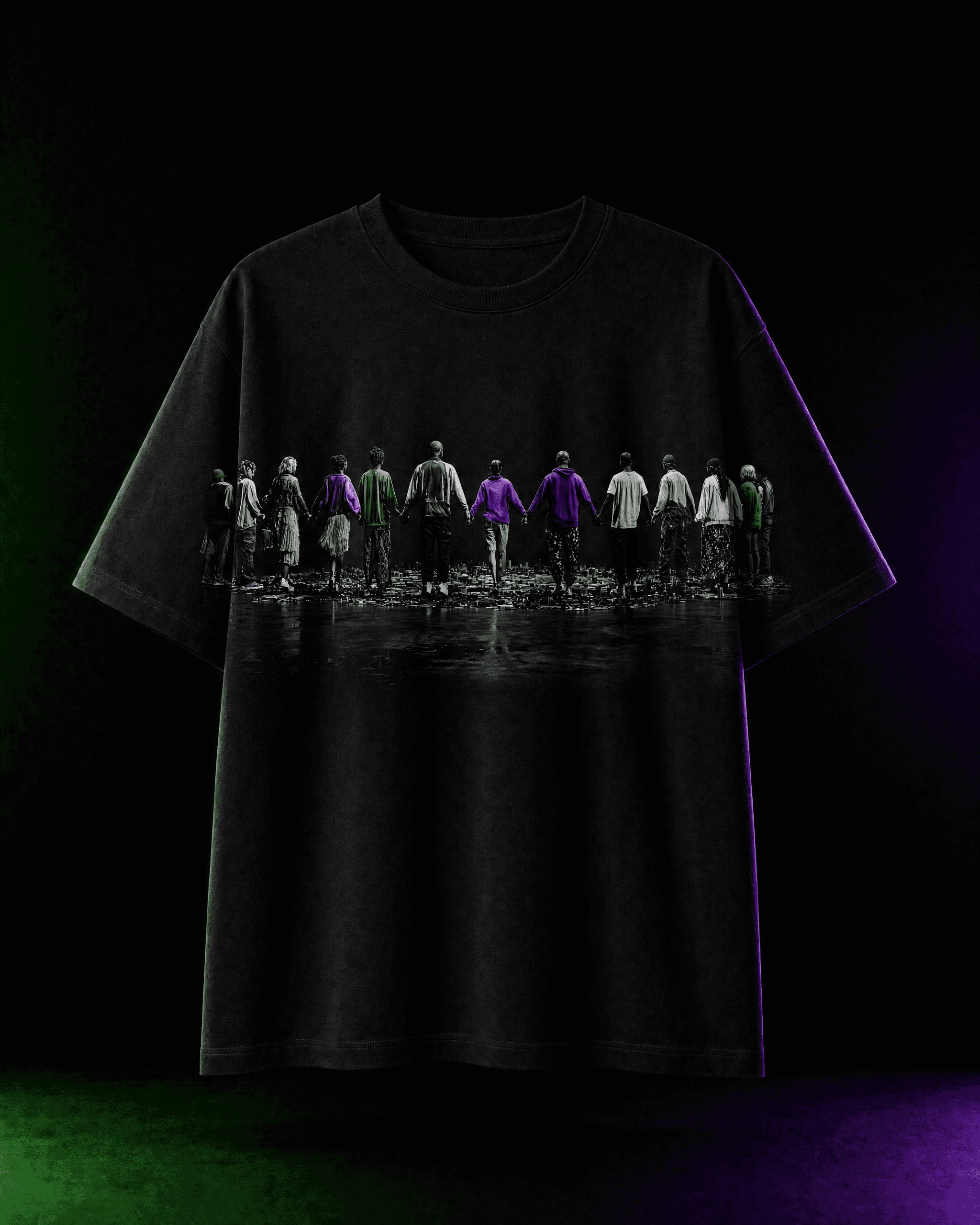 Front of a black Session Zone T-shirt with a group-of-people graphic accented in purple and green.