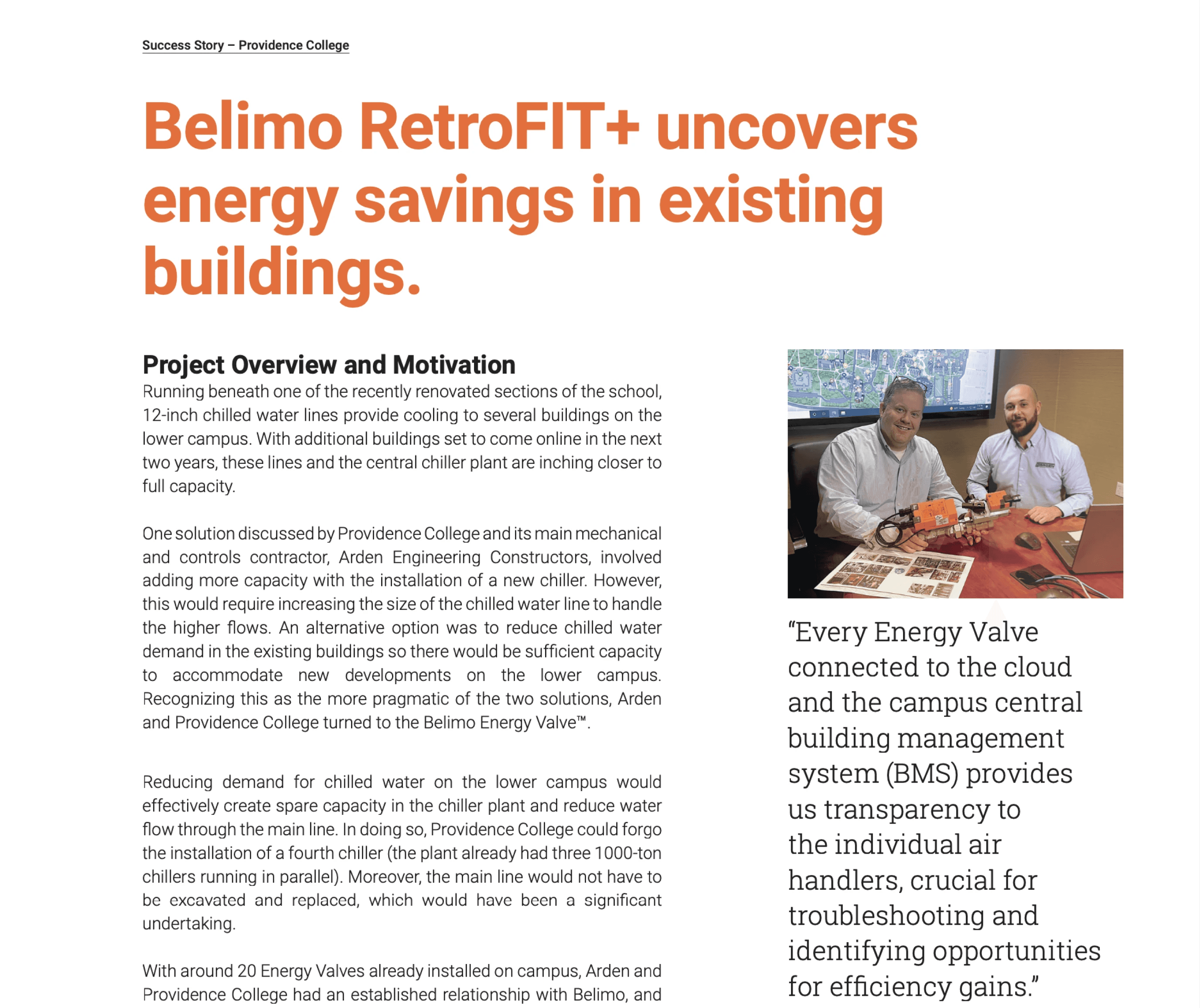 Belimo press release screenshot with the title Belimo Retrofit+ uncovers energy savings in existing buildings.