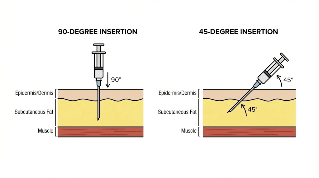 Tirzepatide injection angle guide showing 90-degree versus 45-degree needle insertion into stomach subcutaneous tissue
