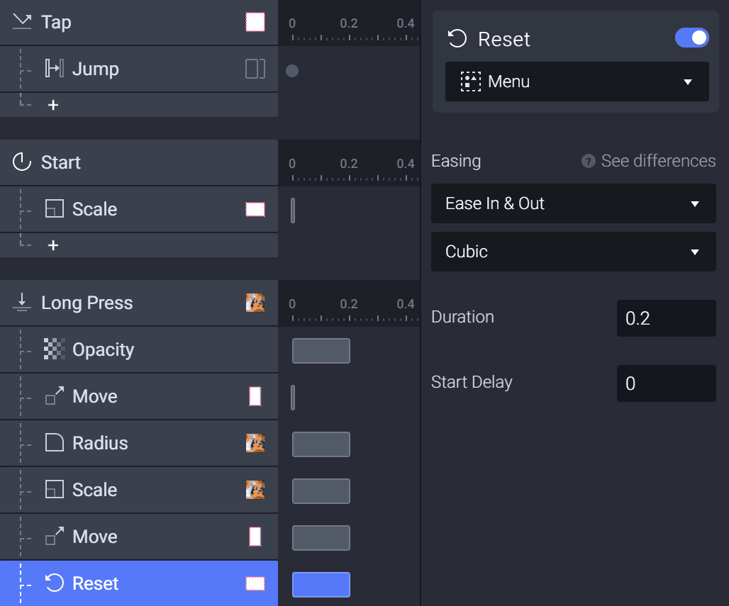 Add a Reset response attached to Menu under the Long Press Trigger.