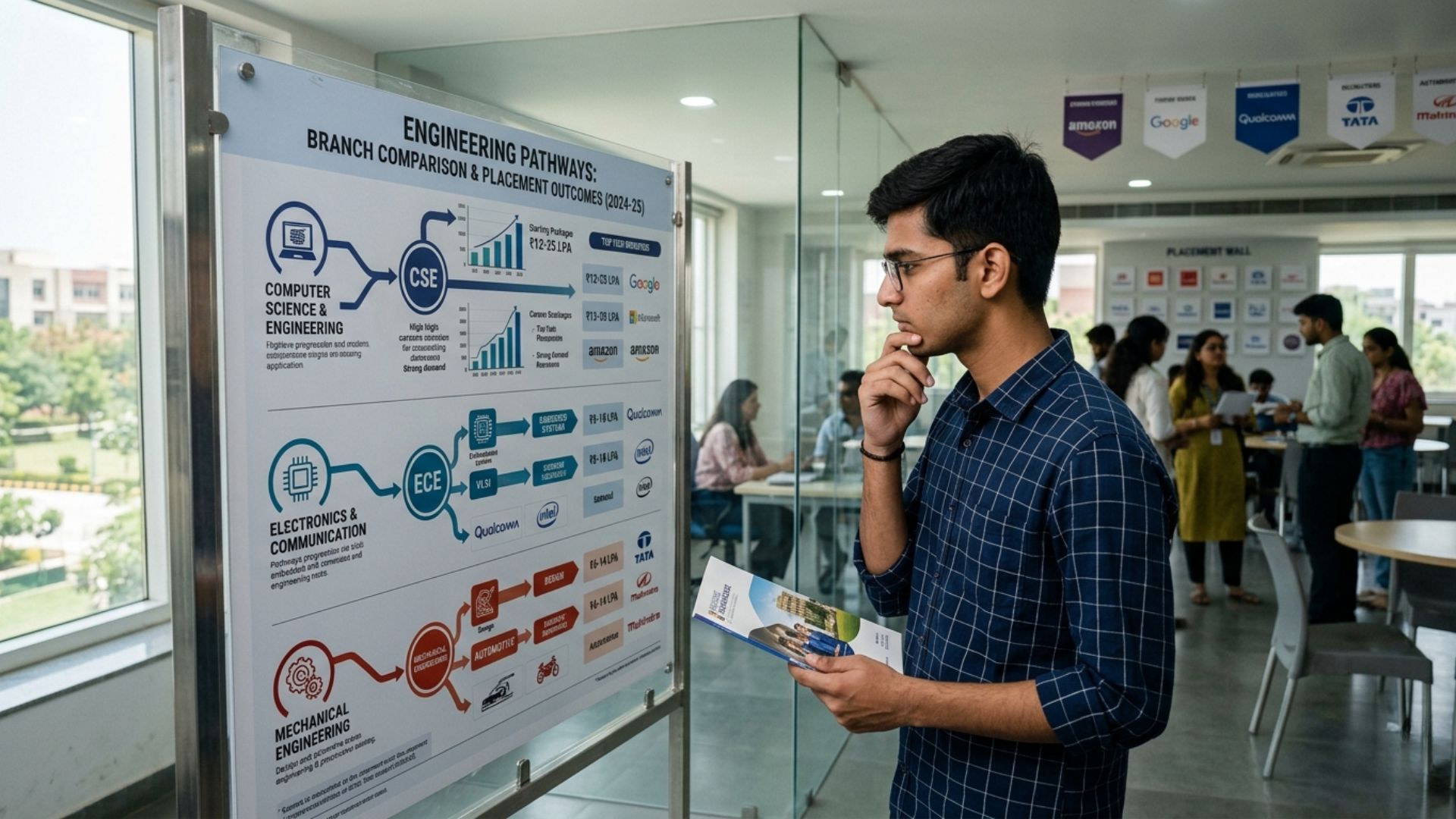 Student comparing engineering branches and placement outcomes on a college campus notice board.