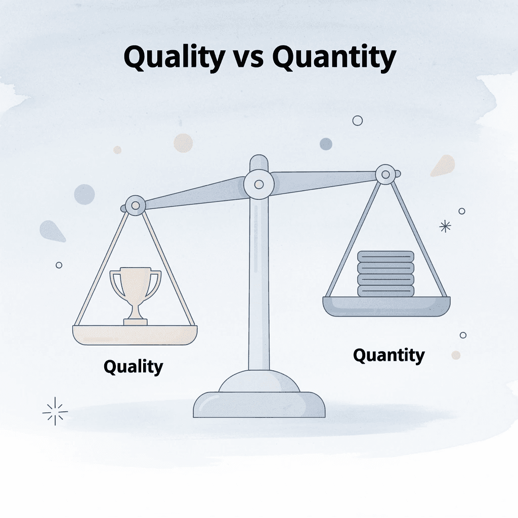 Balance scale comparing quality versus quantity in educational materials