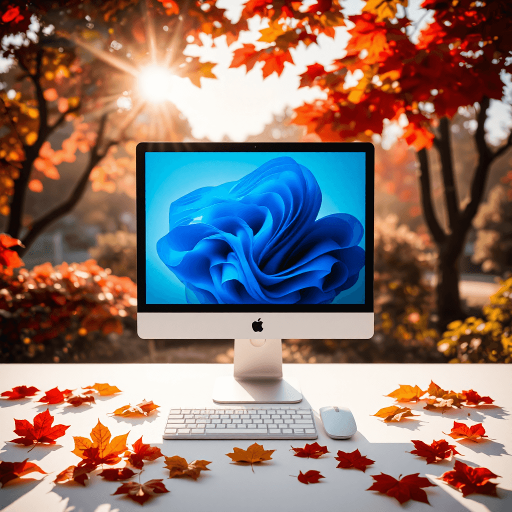 product photography of a desktop computer with monitor, keyboard, and mouse
