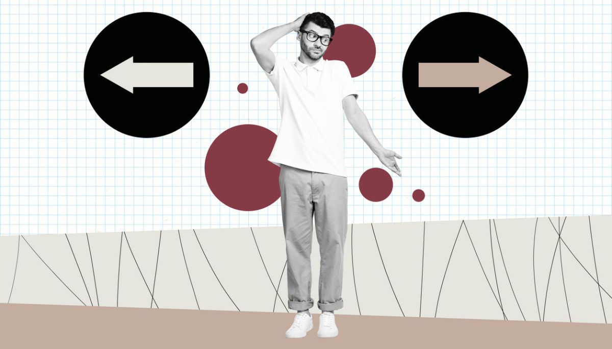 Illustration of a person deciding between left and right arrows, symbolizing evaluating GitHub’s pros and cons for team use.