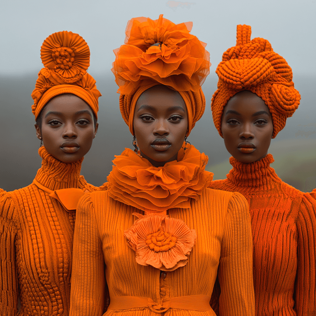 three black girls are wearing different styles of knitted dresses and coats